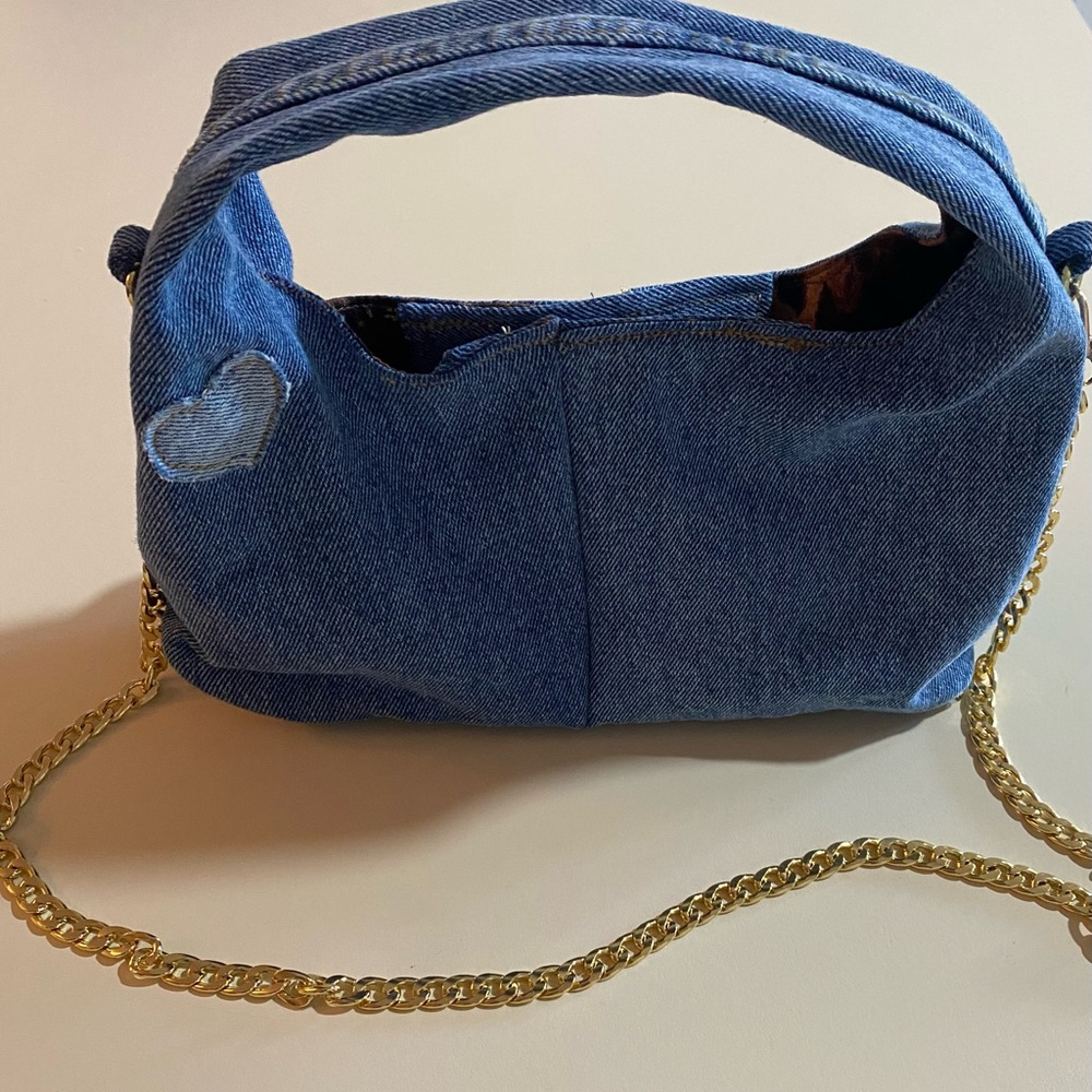 Denim Shoulder Bag with Gold Chain
